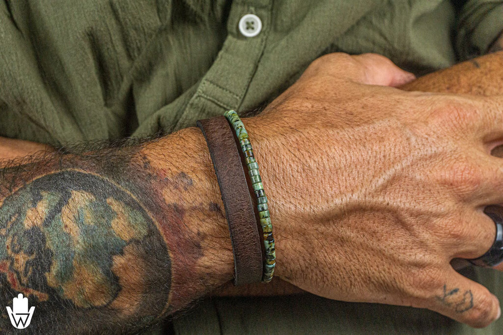 Set di bracciali da uomo in pelle marrone e pietra preziosa diaspro