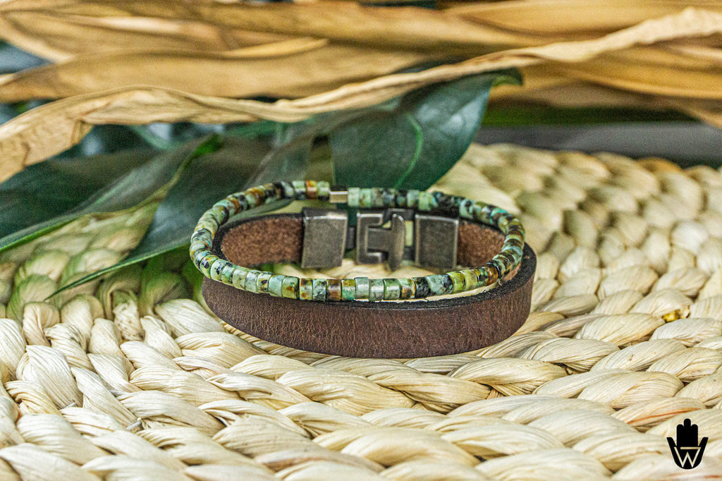 Set di bracciali da uomo in pelle marrone e pietra preziosa diaspro