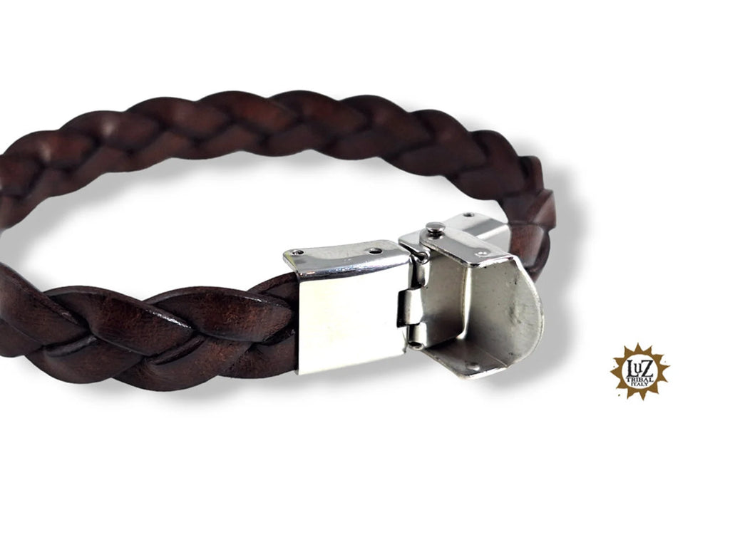 Bracciale uomo in cuoio intrecciato - Chiusura in acciaio