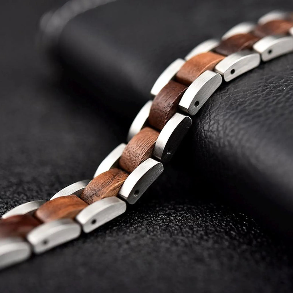 Bracciale da Uomo in Acciaio Inox e Legno Regolabile
