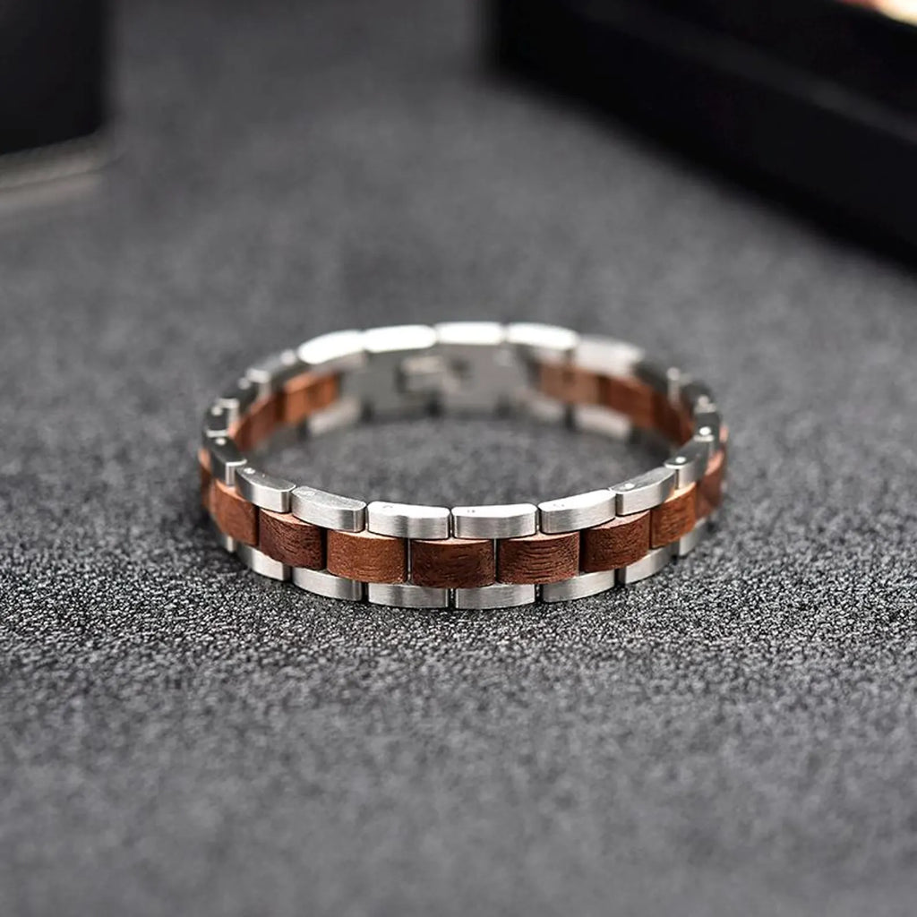 Bracciale da Uomo in Acciaio Inox e Legno Regolabile