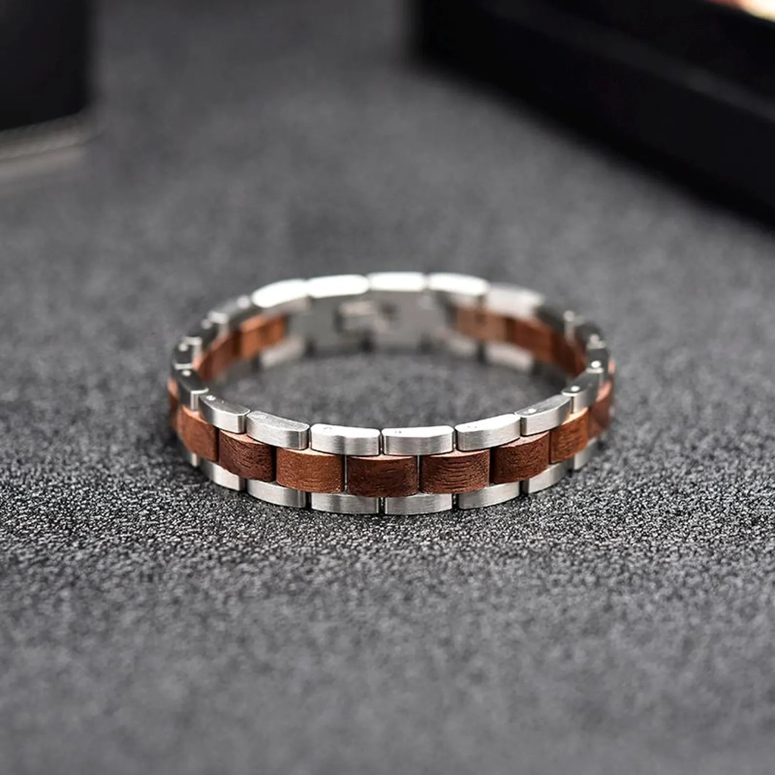 Bracciale da Uomo in Acciaio Inox e Legno Regolabile
