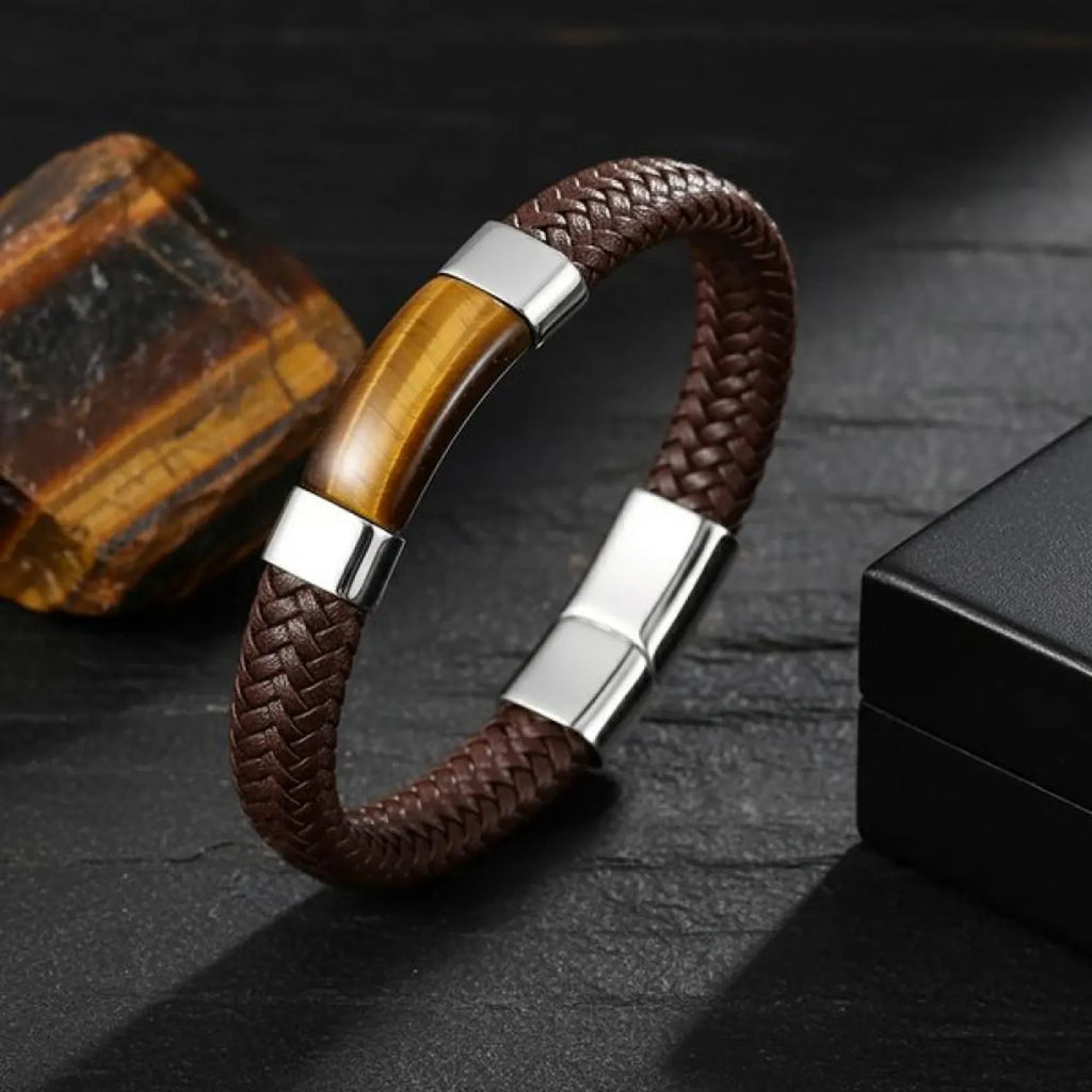 Bracciale da uomo in pelle e occhio di tigre - Pietra preziosa naturale, chiusura in acciaio inossidabile