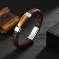 Bracciale da uomo in pelle e occhio di tigre - Pietra preziosa naturale, chiusura in acciaio inossidabile