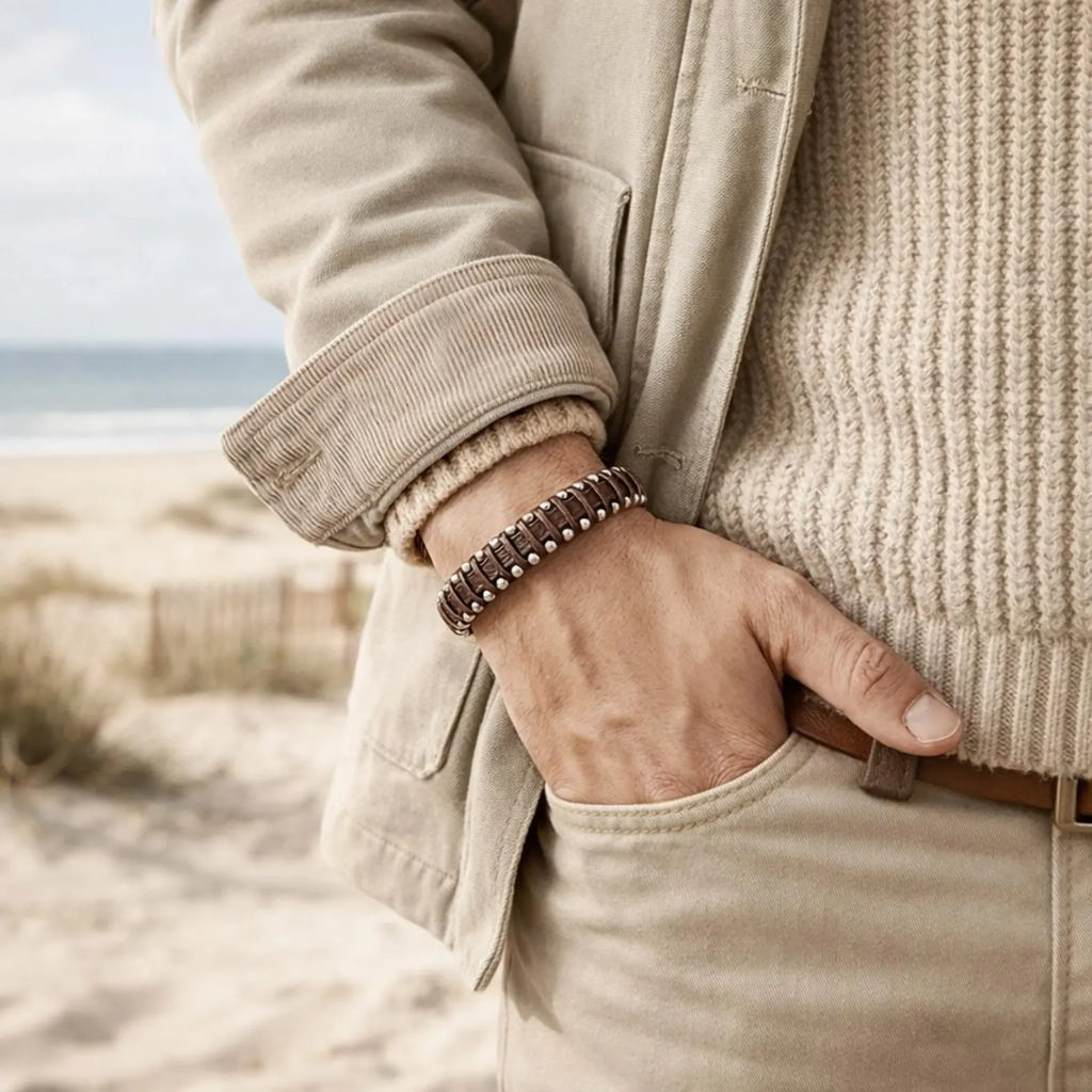 Bracciale in vera pelle con acciaio inox 316L | Bracciale ipoallergenico da uomo