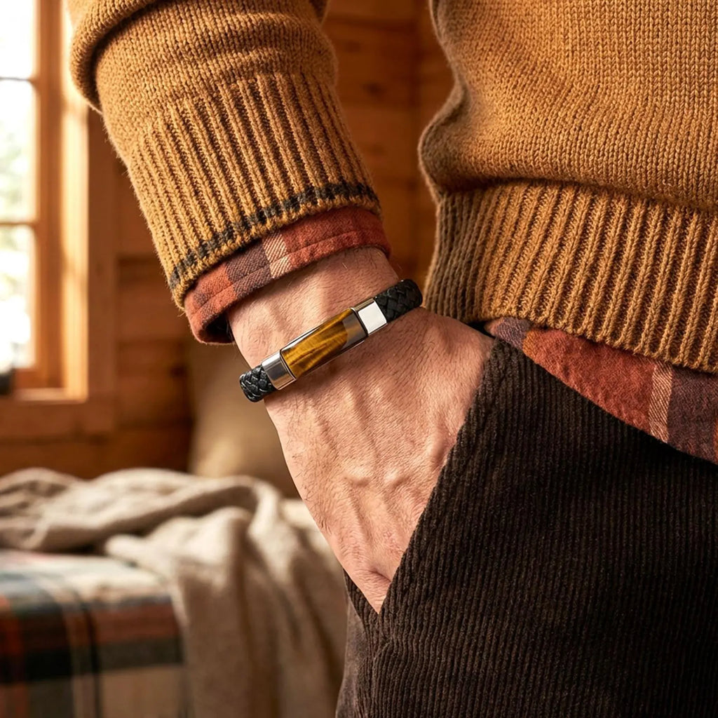 Bracciale da uomo in pelle e occhio di tigre - Pietra preziosa naturale, chiusura in acciaio inossidabile
