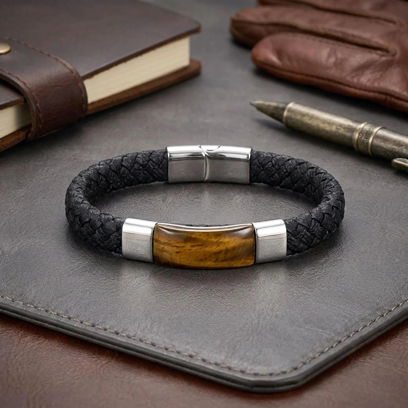Bracciale da uomo in pelle e occhio di tigre - Pietra preziosa naturale, chiusura in acciaio inossidabile