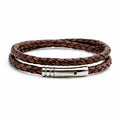 Bracciale da uomo in pelle intrecciata marrone antico da 5 mm con chiusura in acciaio inossidabile e doppio giro