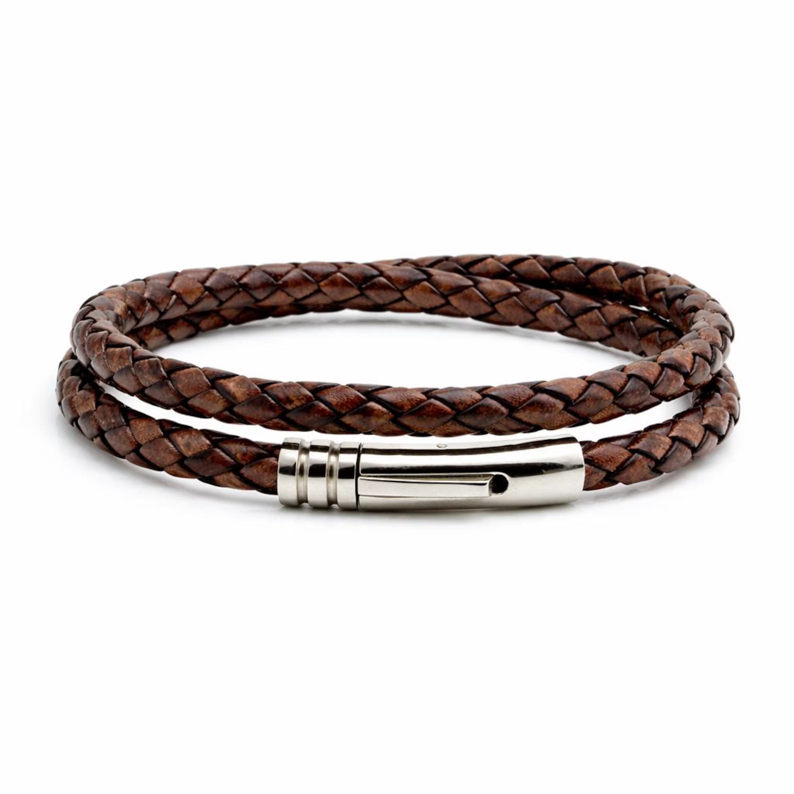 Bracciale da uomo in pelle intrecciata marrone antico da 5 mm con chiusura in acciaio inossidabile e doppio giro